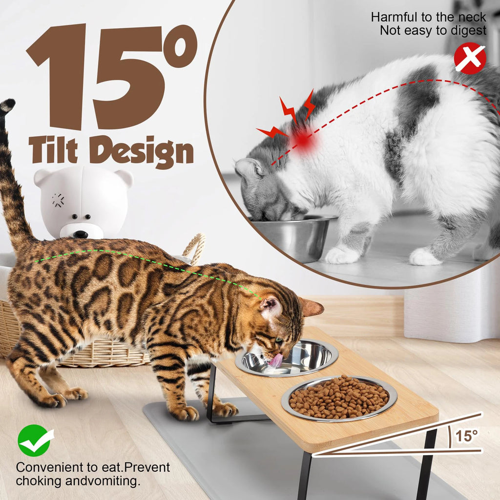 Elevated Cat Bowls with Wooden Stand – 15° Tilted Raised Stainless Steel Feeder for Cats & Puppies