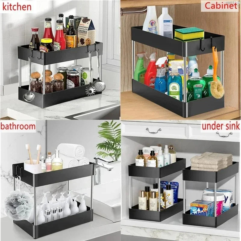 Organizador de almacenamiento para debajo del fregadero de 1/2 pieza, estante multiusos de 2 niveles con cajones para debajo del fregadero, organizador para baño y cocina