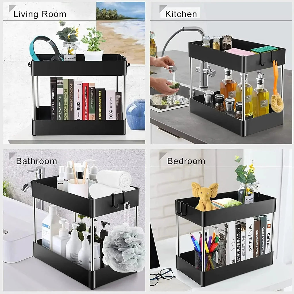 Organizador de almacenamiento para debajo del fregadero de 1/2 pieza, estante multiusos de 2 niveles con cajones para debajo del fregadero, organizador para baño y cocina