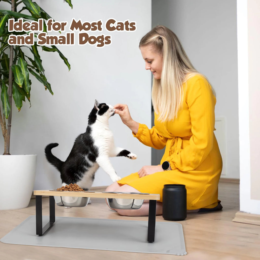 Elevated Cat Bowls with Wooden Stand – 15° Tilted Raised Stainless Steel Feeder for Cats & Puppies