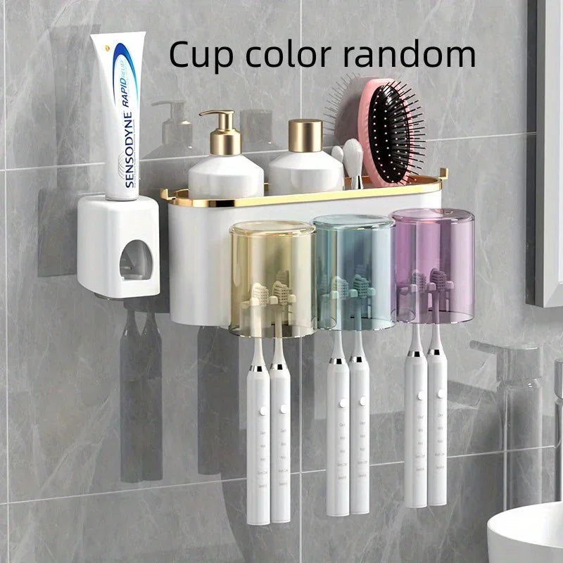 Wall-Mounted Toothbrush Holder with Toothpaste Squeezer & Cup