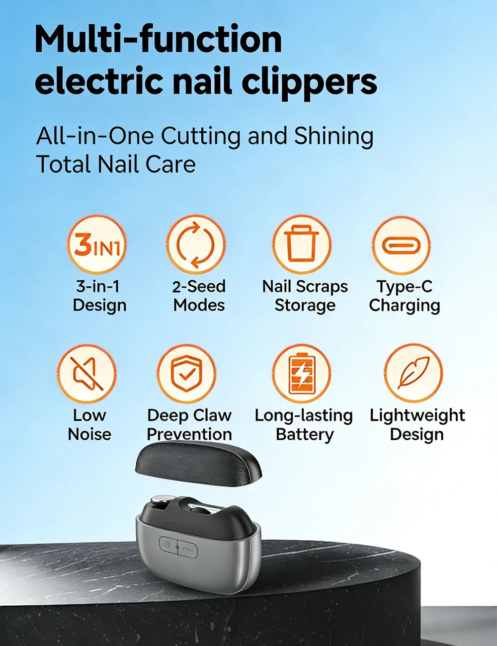 3-in-1 Electric Nail Clipper – USB Rechargeable Automatic Nail Trimmer, File & Polisher with LED Light