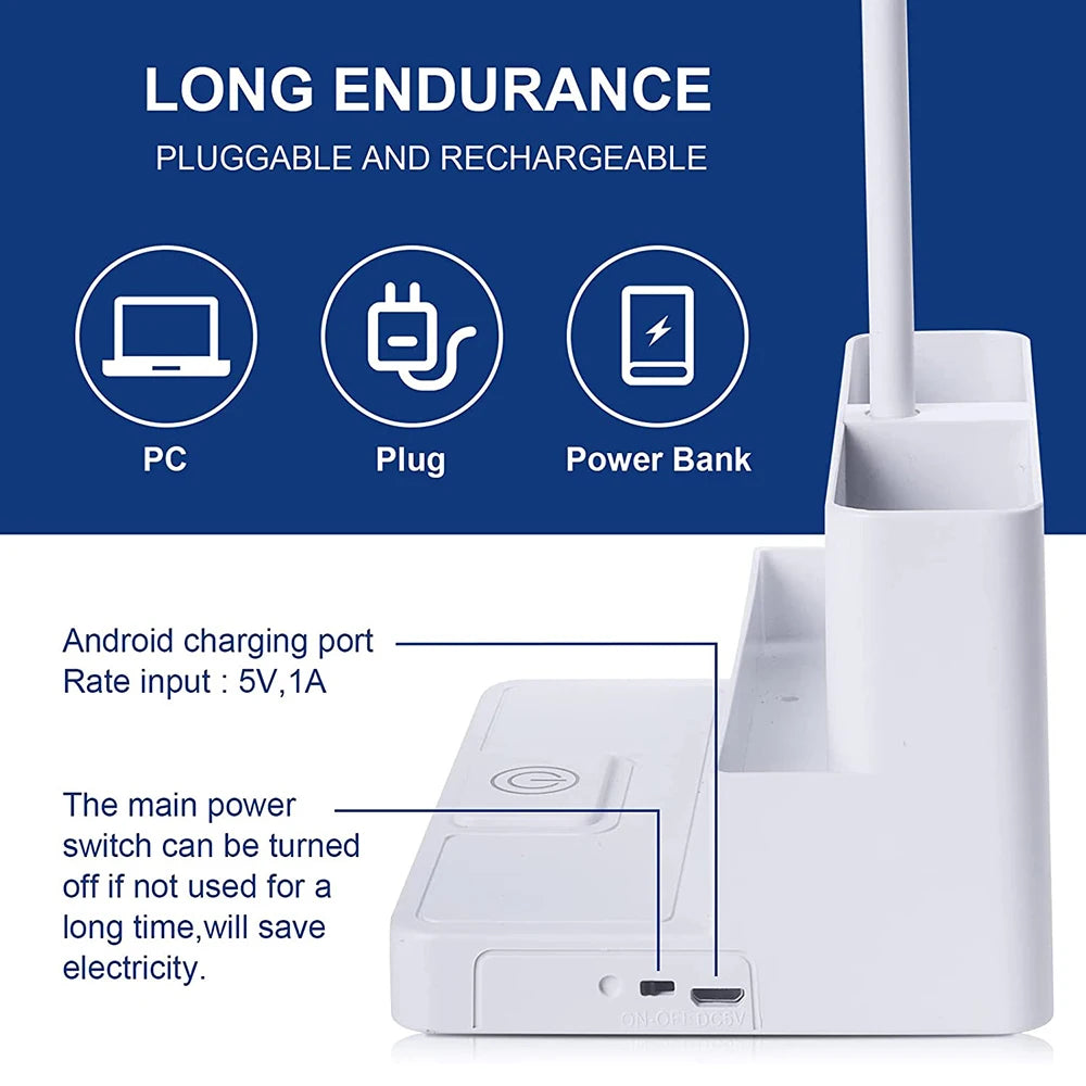 Rechargeable LED Desk Lamp with Pen Holder, Phone Stand & USB Charging