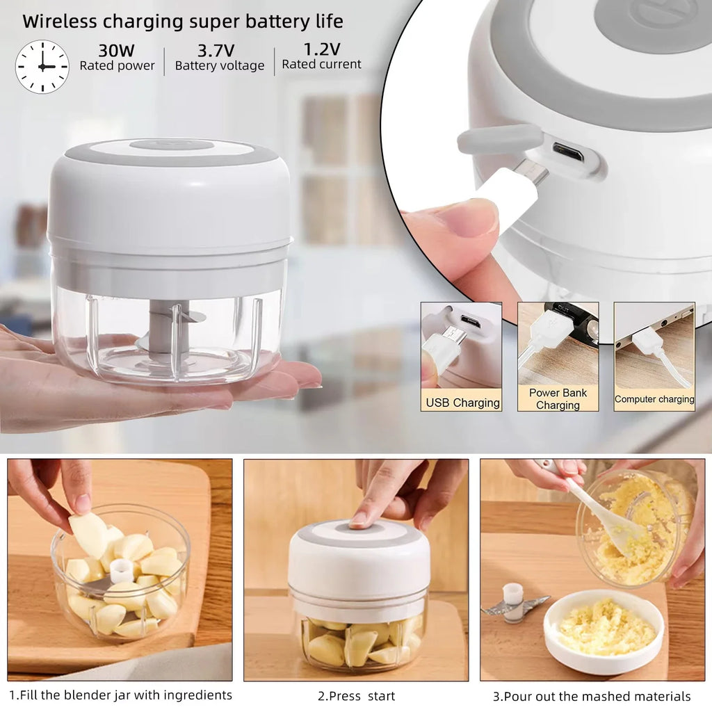 Picador de Alimentos Eléctrico Mini Picador de Ajo Machacador USB Portátil Picadora de Carne para Gadgets de Cocina