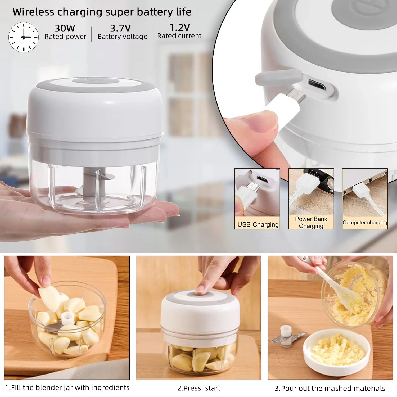 Picador de Alimentos Eléctrico Mini Picador de Ajo Machacador USB Portátil Picadora de Carne para Gadgets de Cocina