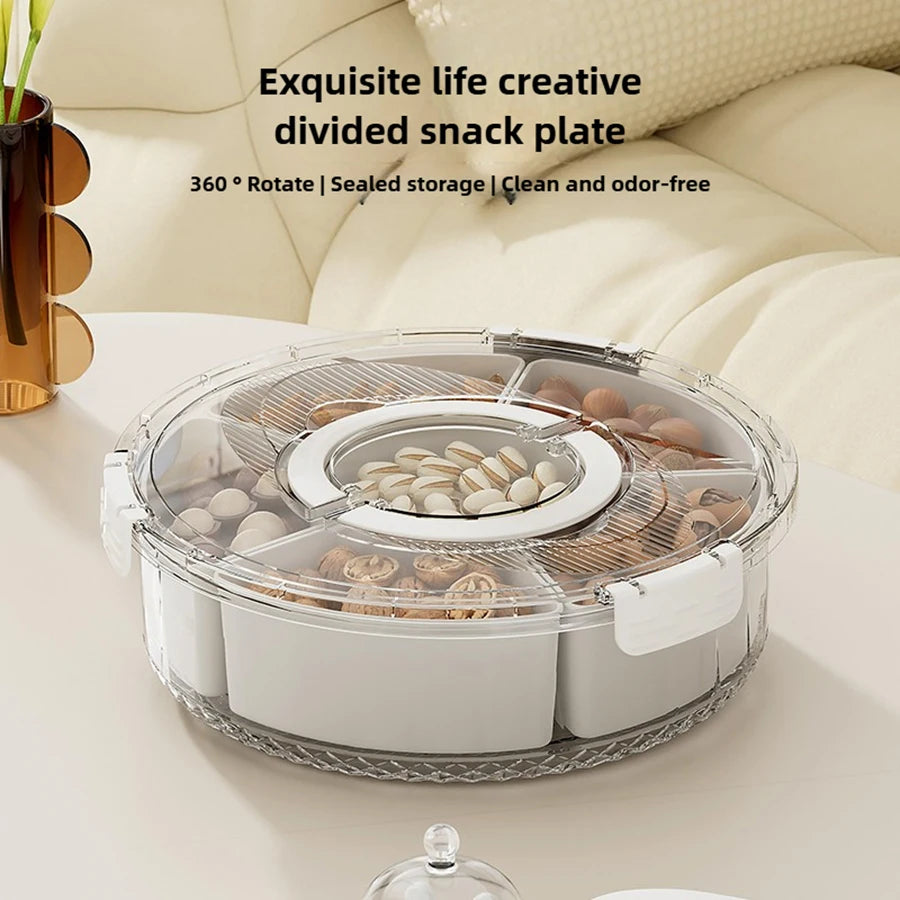 Rotating Snack Serving Tray with Lid & Handle – Divided Snack Spinner Organizer for Fruits, Candy, Nuts & Party Platters