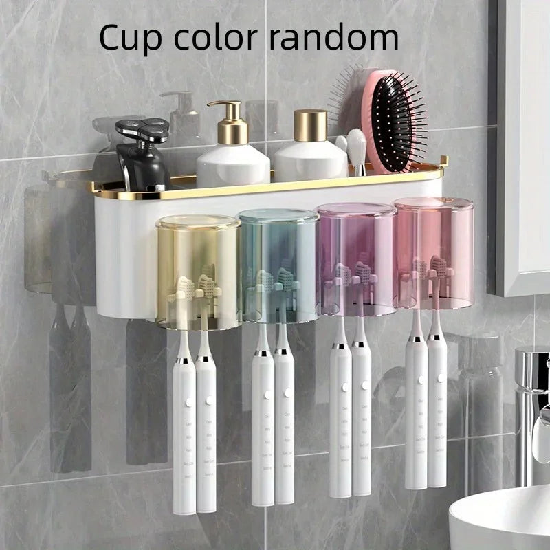 Wall-Mounted Toothbrush Holder with Toothpaste Squeezer & Cup