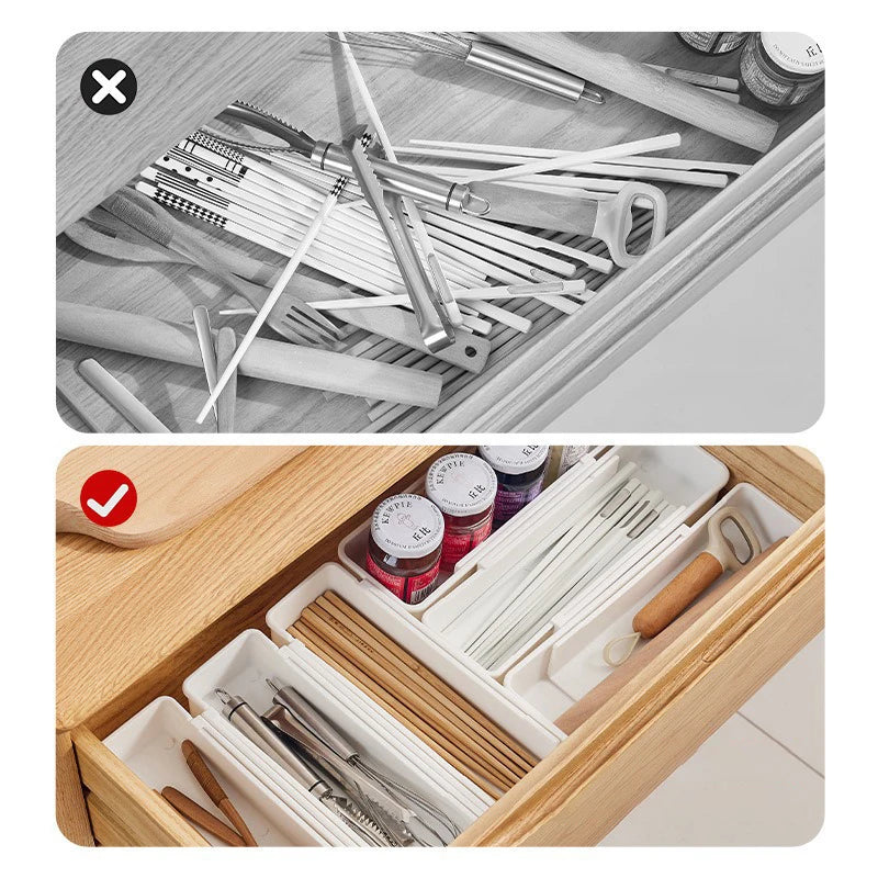 Organizador de cajones Bandeja de utensilios expandible para cocina Cubiertos ajustables y soporte para cubiertos Organizador de ropa de cubiertos blanco