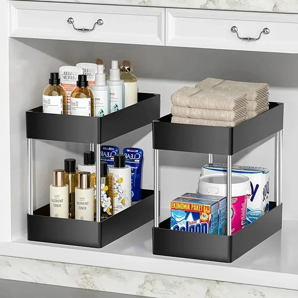 Organizador de almacenamiento para debajo del fregadero de 1/2 pieza, estante multiusos de 2 niveles con cajones para debajo del fregadero, organizador para baño y cocina