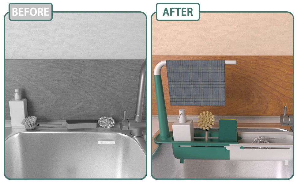 Expandable Sink Organizer Rack with Sponge Holders & Towel Bar