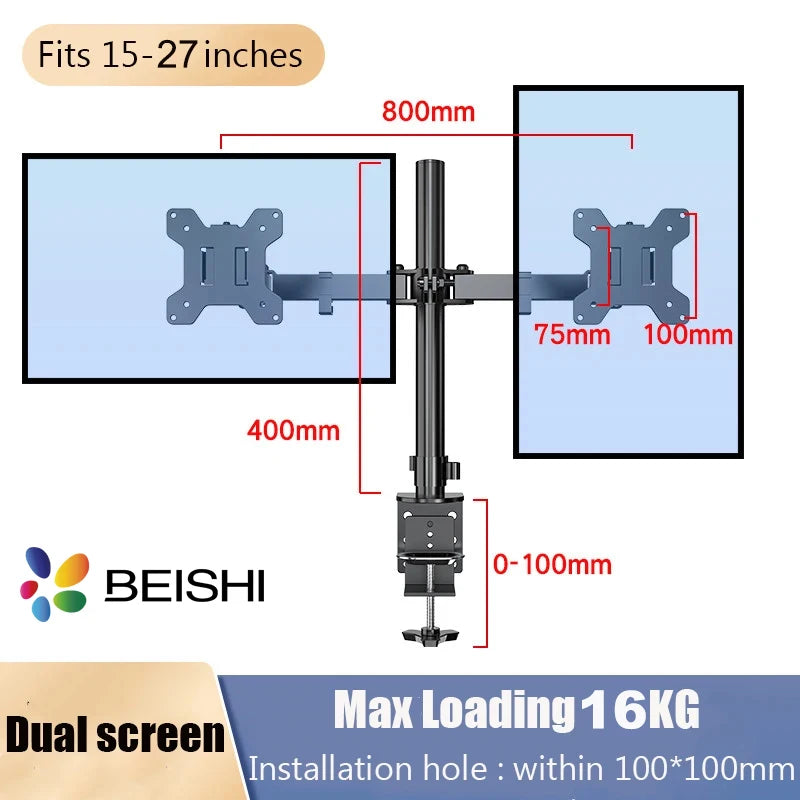 Dual Monitor Stand for 27 Inch Screens with Adjustable Height, Tilt & 360° Rotation