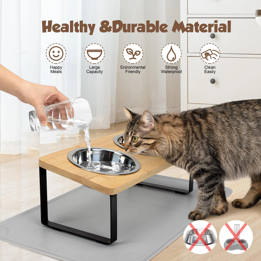 Elevated Cat Bowls with Wooden Stand – 15° Tilted Raised Stainless Steel Feeder for Cats & Puppies