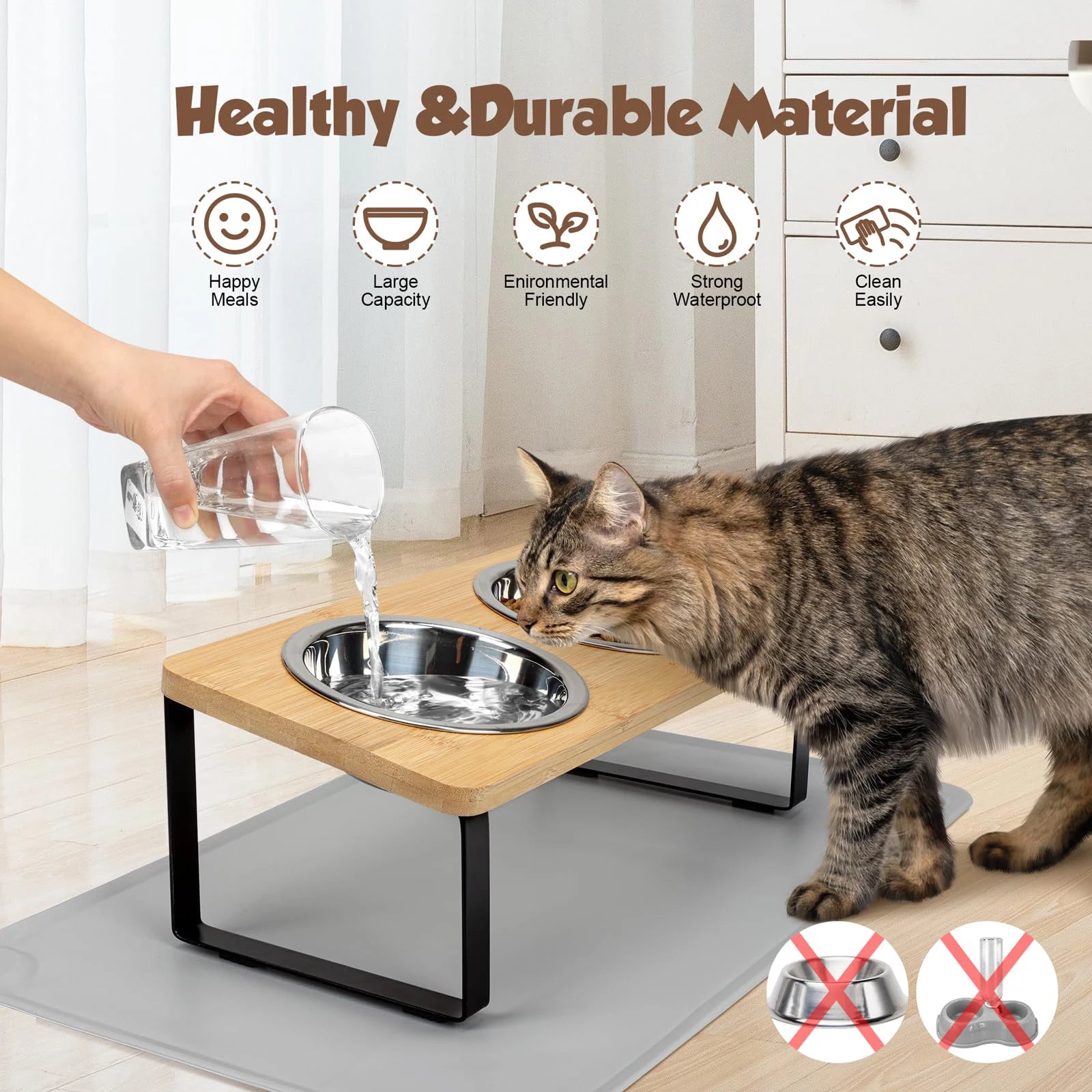 Elevated Cat Bowls with Wooden Stand – 15° Tilted Raised Stainless Steel Feeder for Cats & Puppies