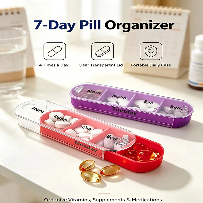7-Day Weekly Pill Organizer – Portable Daily Medicine Storage Box with Colorful Drawer Design for Home & Travel