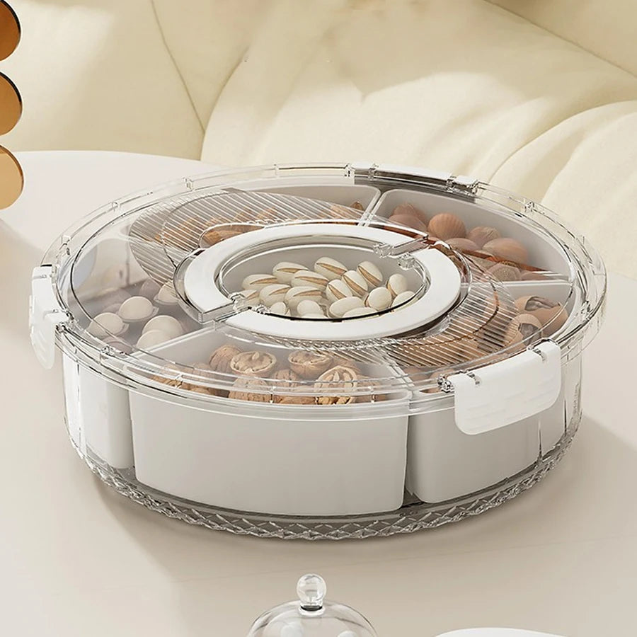 Rotating Snack Serving Tray with Lid & Handle – Divided Snack Spinner Organizer for Fruits, Candy, Nuts & Party Platters