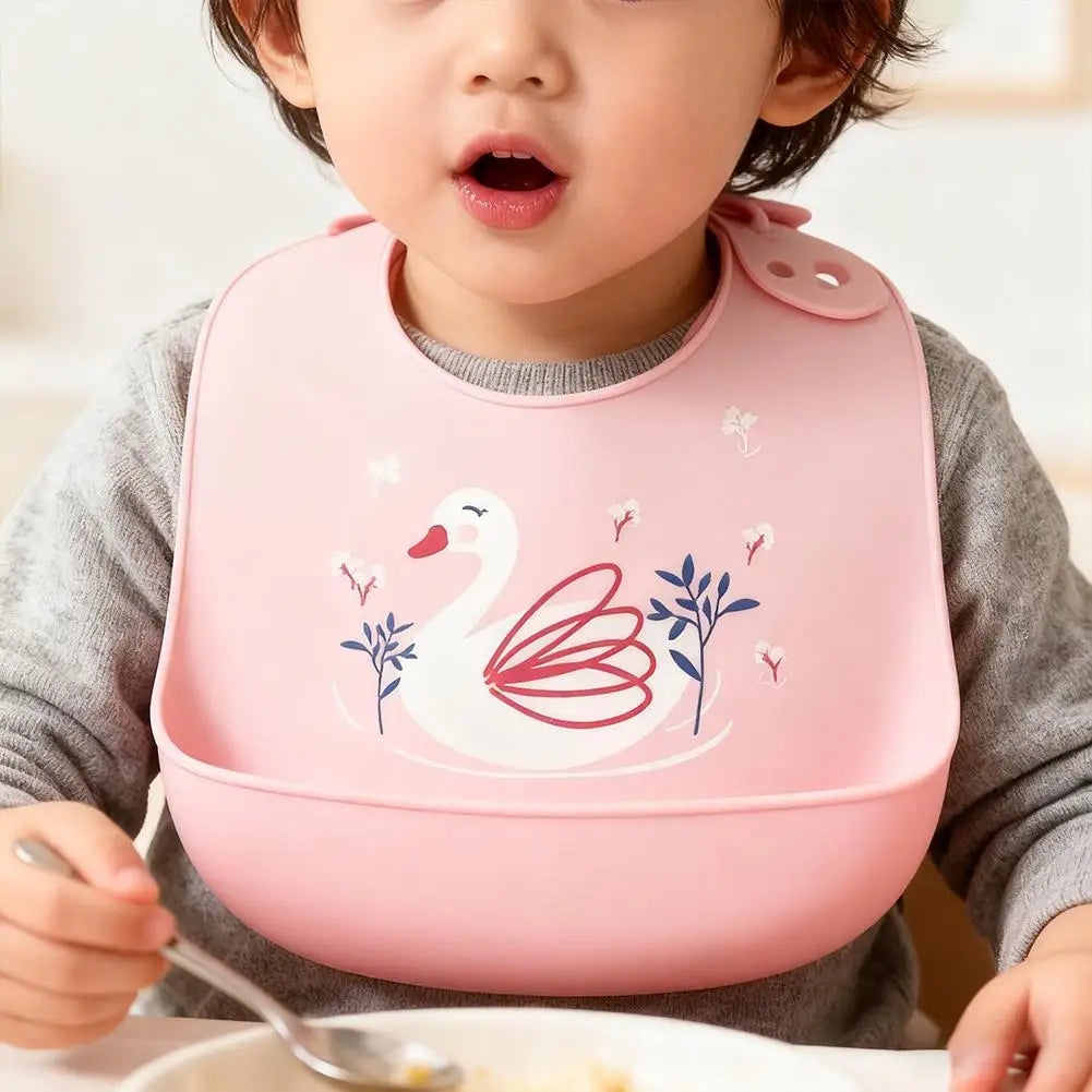 Children Silicone Baby Bib with Large Food Catcher – Waterproof Soft Feeding Bib with Cute Prints for Toddlers 1-3 Years