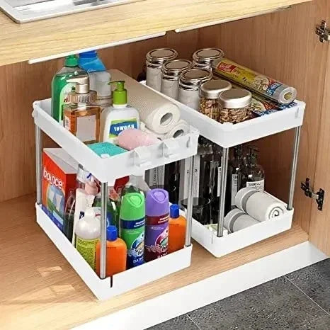 Organizador de almacenamiento para debajo del fregadero de 1/2 pieza, estante multiusos de 2 niveles con cajones para debajo del fregadero, organizador para baño y cocina