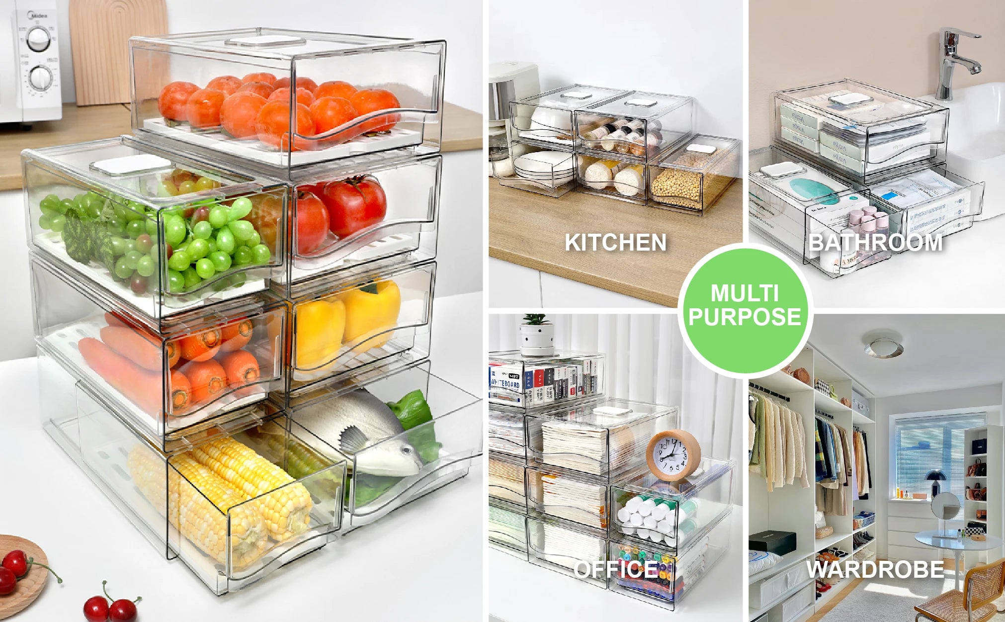 Organizador de nevera, Contenedores organizadores apilables para nevera Contenedores reutilizables de almacenamiento de alimentos Organizador de cajones de nevera para cocina doméstica