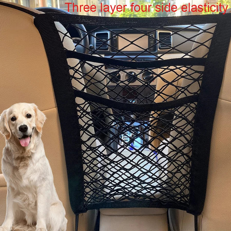 Barrera para Coche de Mascotas, Barrera para Perros con Bolsa de Almacenamiento de Malla de Seguridad Automática, Protector de Seguridad para Asiento Trasero, Red de Malla