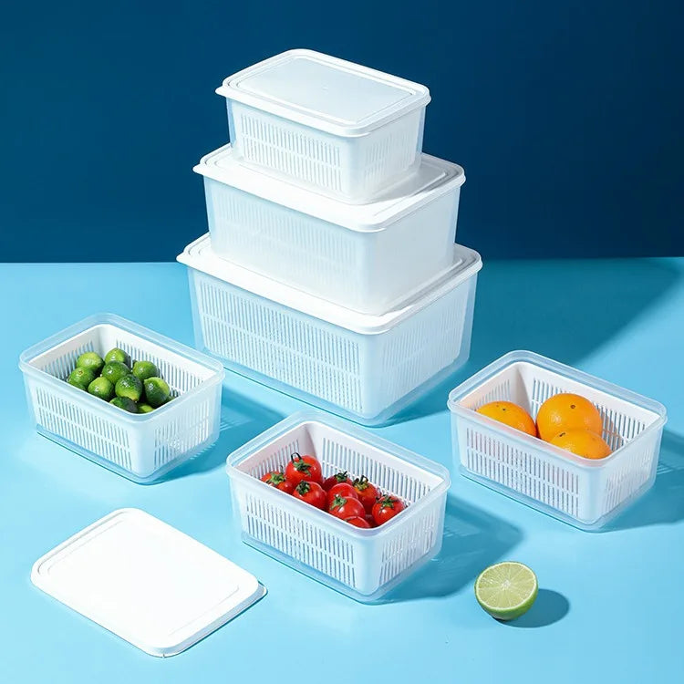 Refrigerator Storage Container with Drain Basket for Fruits & Vegetables