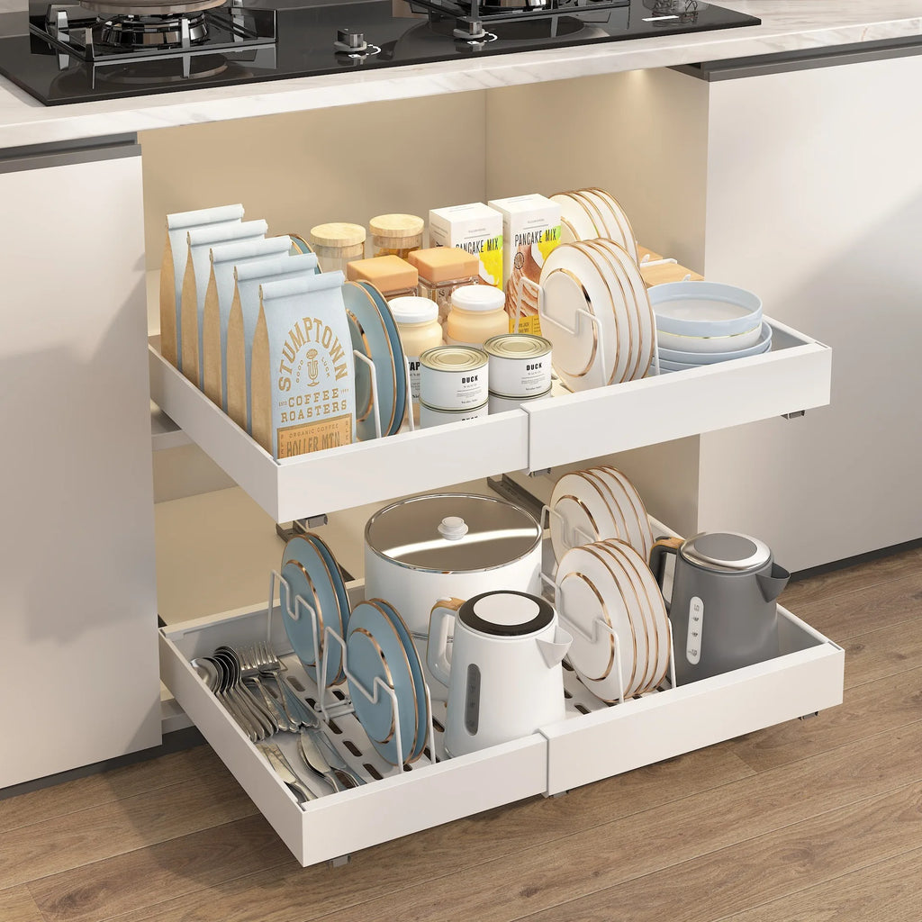 Expandable Pull-Out Cabinet Organizer with Adjustable Sliding Drawer