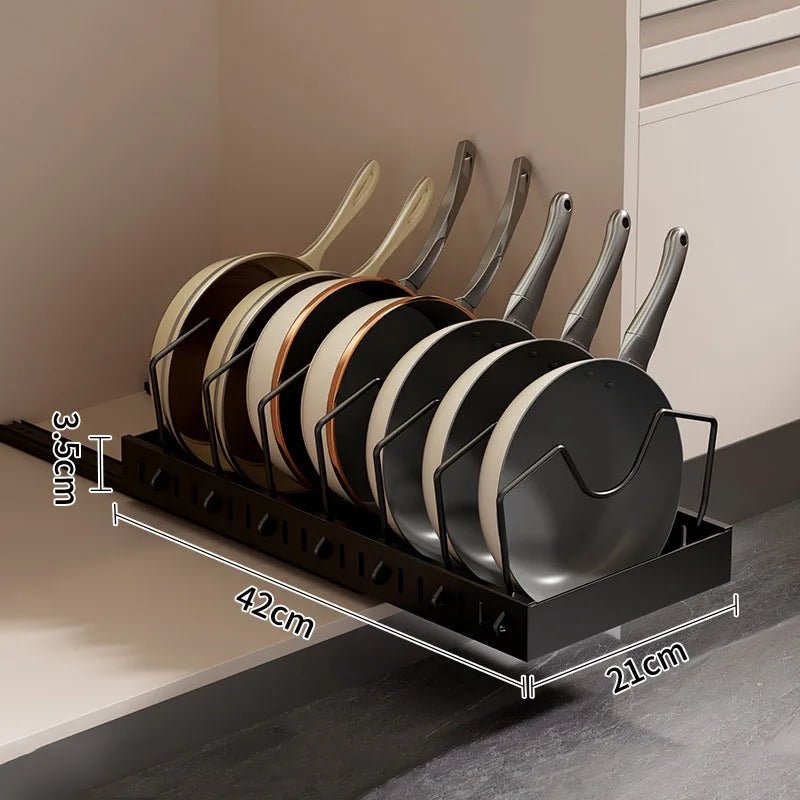 Pots And Pans Organizer Under Cabinet Sliding Pot Lid Storage Holder Kitchen Adjustable Slide Out Dish Pan Storage Rack Shelf