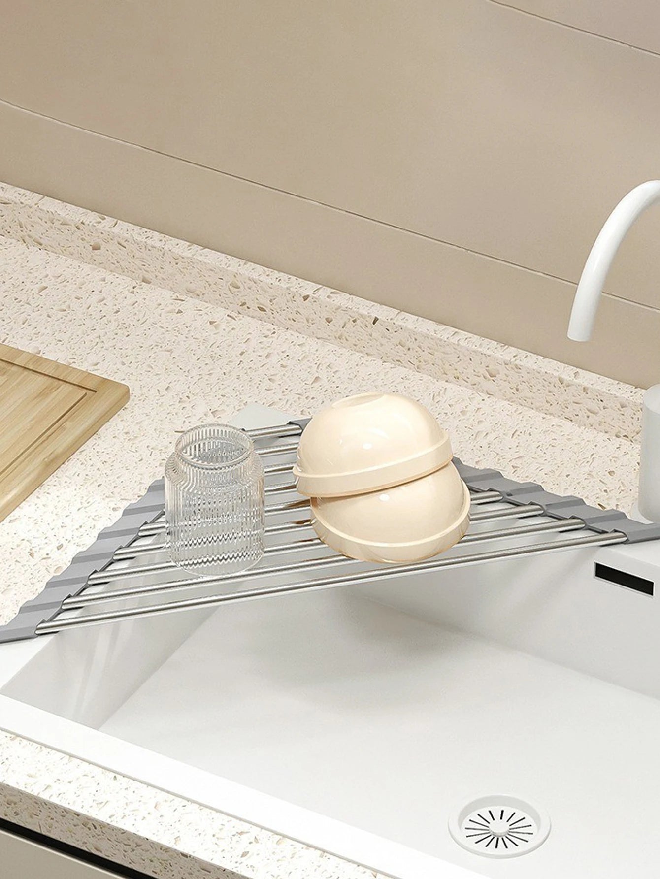 Roll Up Triangle Sink Drying Rack with Drainage Design for Kitchen Counter Organization