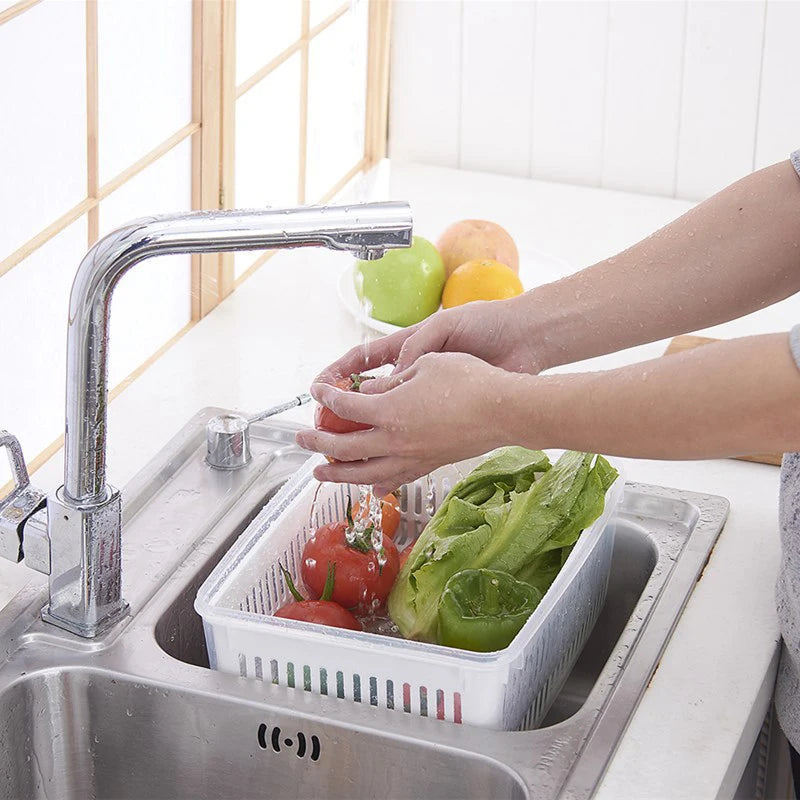 Refrigerator Storage Container with Drain Basket for Fruits & Vegetables