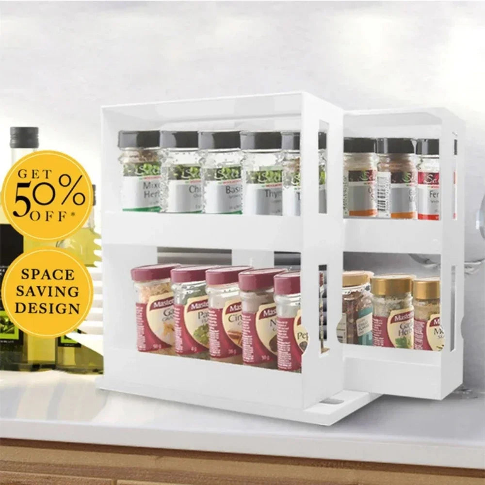 2-Tier Rotating Spice Organizer Rack for Kitchen Cabinet & Countertop Storage