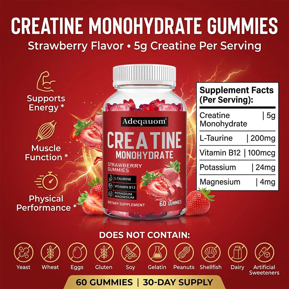 Creatine Monohydrate Gummies – Muscle Strength, Performance & Recovery Support, Strawberry Flavor