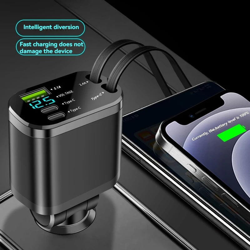 5-in-1 Retractable Car Charger with PD Fast Charging & USB Ports