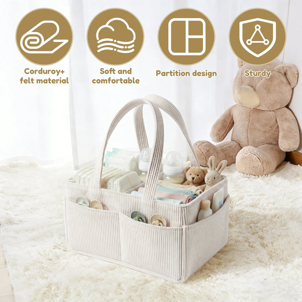 Baby Diaper Caddy Organizer – Corduroy Nursery Storage Basket with Handle, Multi-Compartment Baby Essentials Organizer for Diapers & Toys