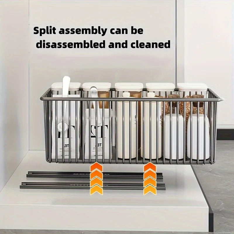 Pull-Out Cabinet Organizer with Sliding Storage Basket – No Drilling