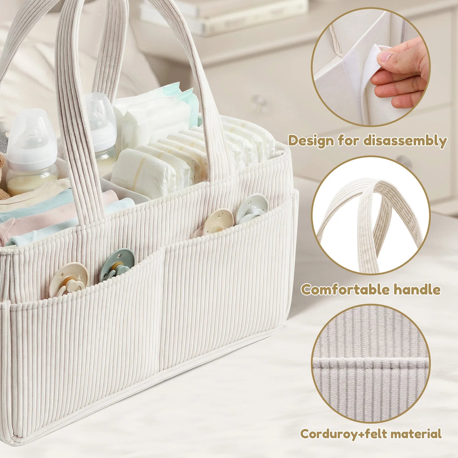 Baby Diaper Caddy Organizer – Corduroy Nursery Storage Basket with Handle, Multi-Compartment Baby Essentials Organizer for Diapers & Toys