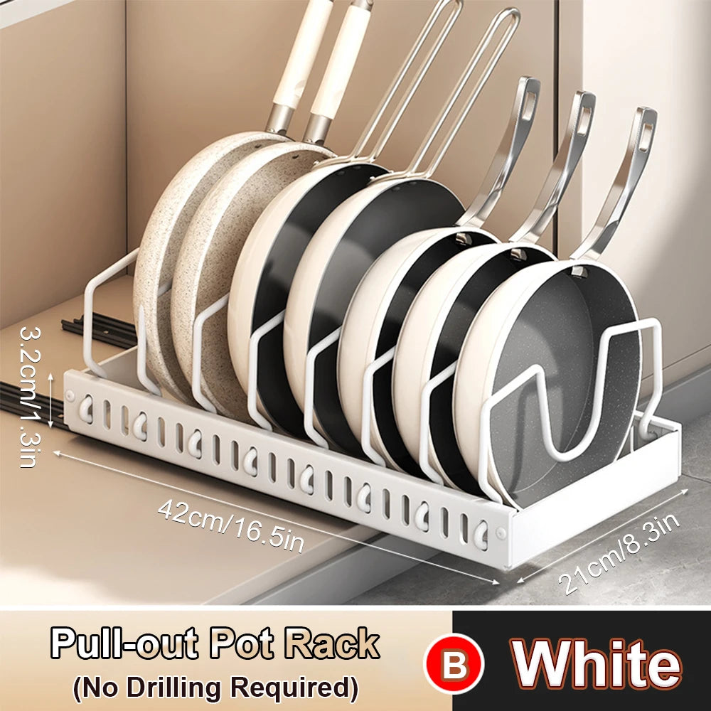 Pull-Out Pots & Pans Organizer for Cabinets – Adjustable Under Cabinet Cookware Storage Rack with 8 Dividers