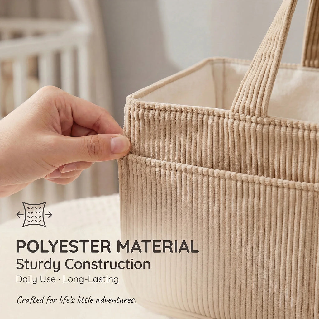 Portable Baby Diaper Caddy Organizer – Soft Corduroy Nursery Storage Basket with Handle, Multi-Pocket Baby Essentials & Toy Organizer
