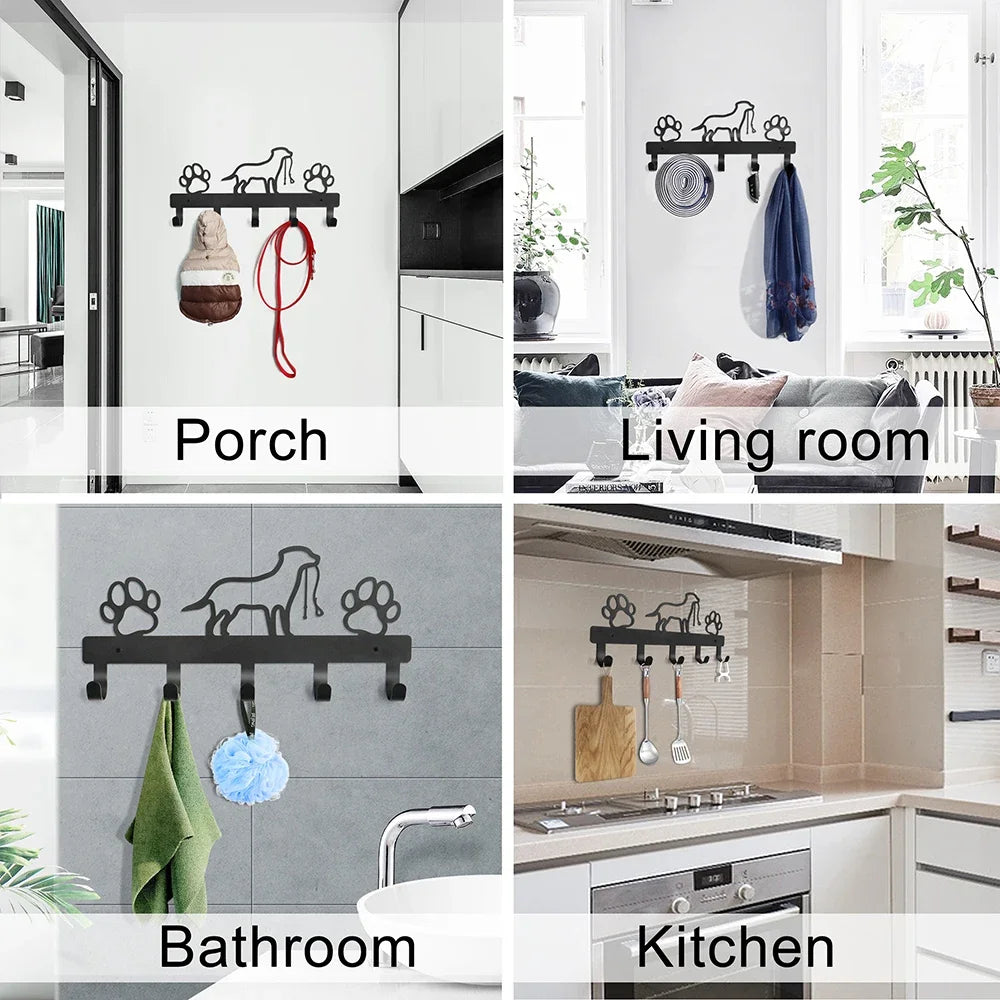 Dog Paw Wall Hook Rack – 5-Hook Metal Organizer for Leashes, Keys, Coats, Towels & Pet Accessories