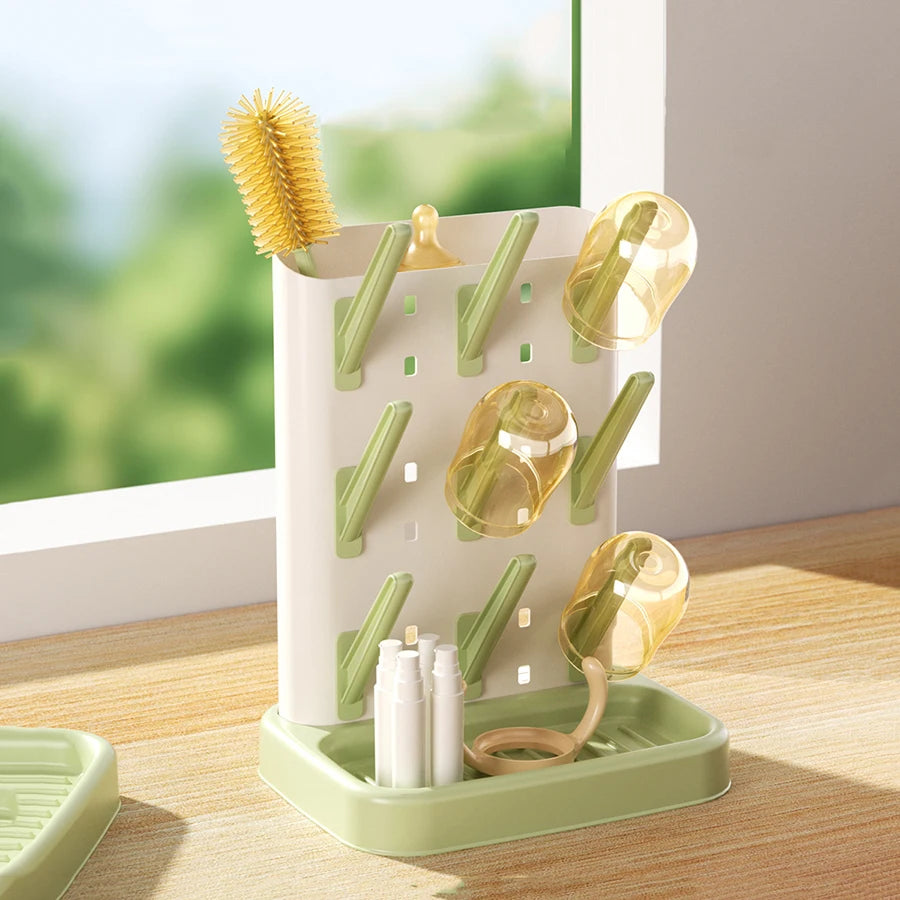 Baby Bottle Drying Rack with Detachable Pegs & Drip Tray – Countertop Bottle Dryer Stand for Baby Feeding Supplies