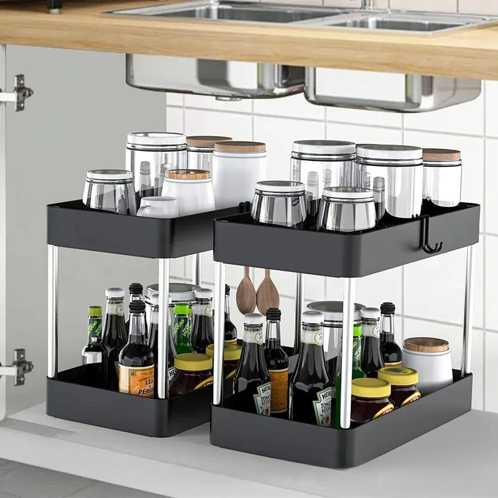 Organizador de almacenamiento para debajo del fregadero de 1/2 pieza, estante multiusos de 2 niveles con cajones para debajo del fregadero, organizador para baño y cocina