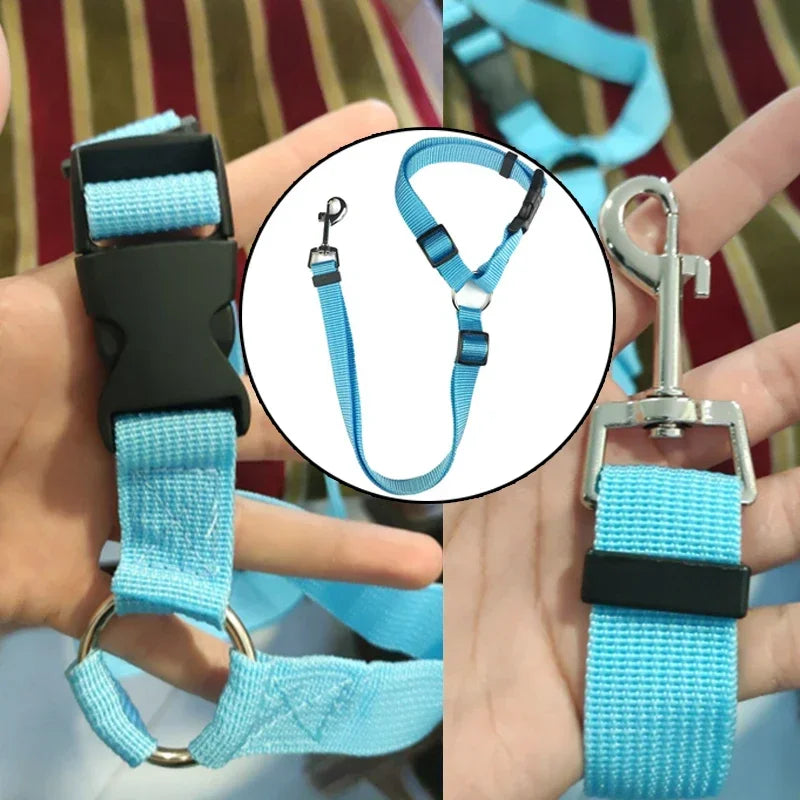 Cinturón de seguridad dos en uno de color sólido para mascotas, correa de nailon, cinturón de seguridad para asiento trasero, arnés ajustable para perros, collar, accesorios para mascotas