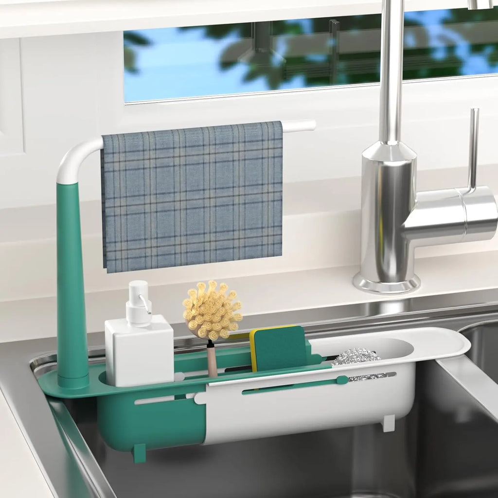 Expandable Sink Organizer Rack with Sponge Holders & Towel Bar