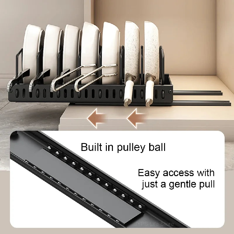 Pull-Out Pots & Pans Organizer for Cabinets – Adjustable Under Cabinet Cookware Storage Rack with 8 Dividers