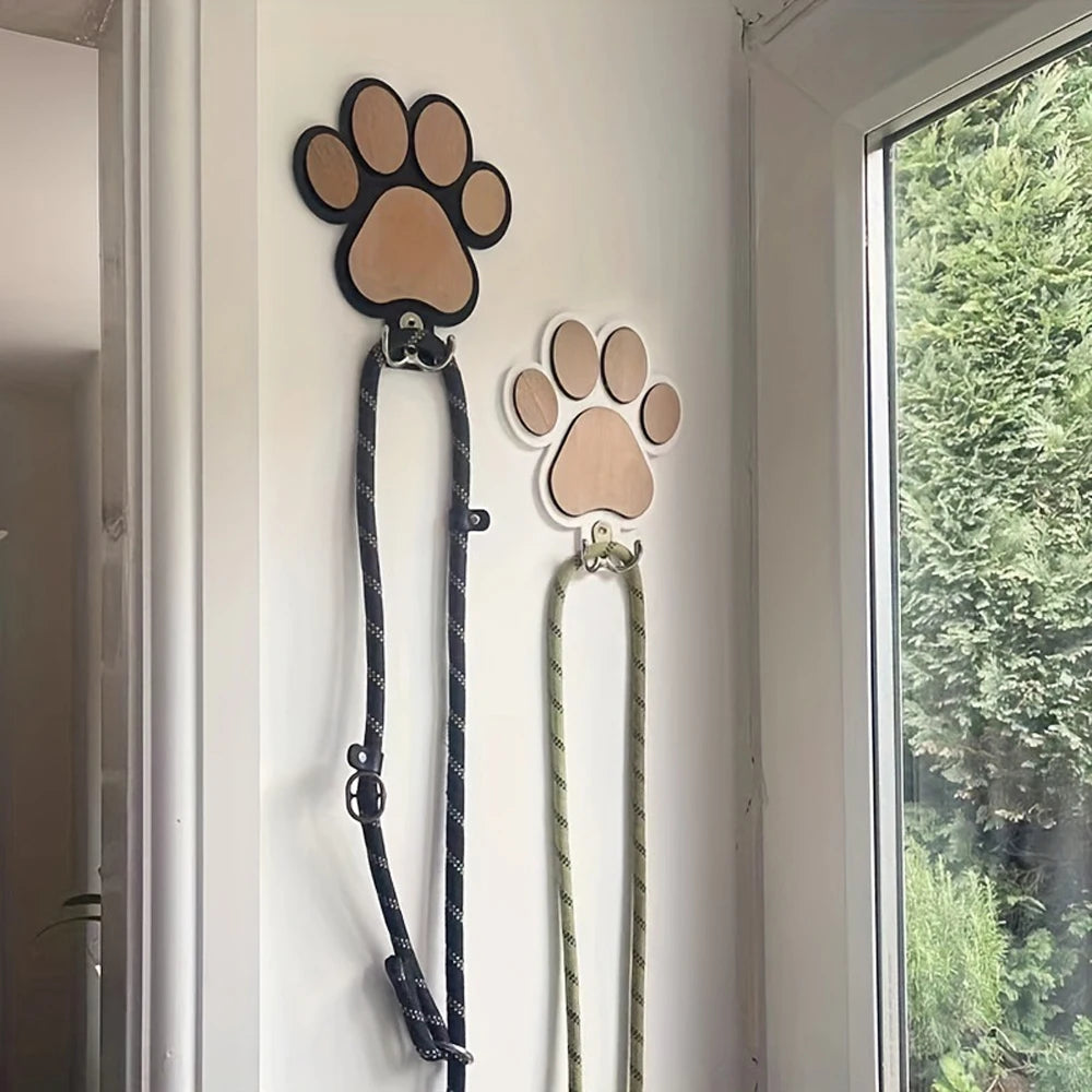 Wooden Dog Leash Holder Wall Hook – Paw Print Organizer for Leashes, Collars, Keys & Coats