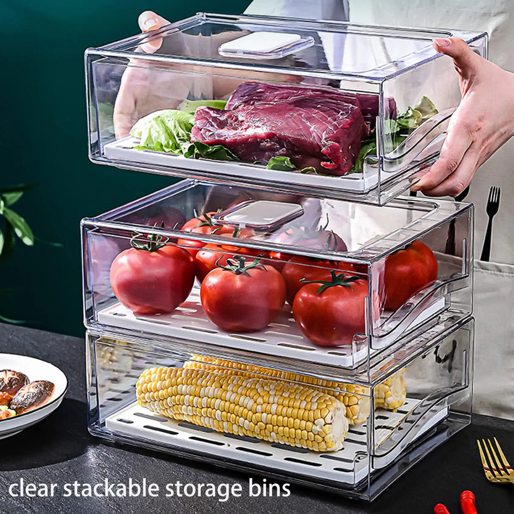 Organizador de nevera, Contenedores organizadores apilables para nevera Contenedores reutilizables de almacenamiento de alimentos Organizador de cajones de nevera para cocina doméstica