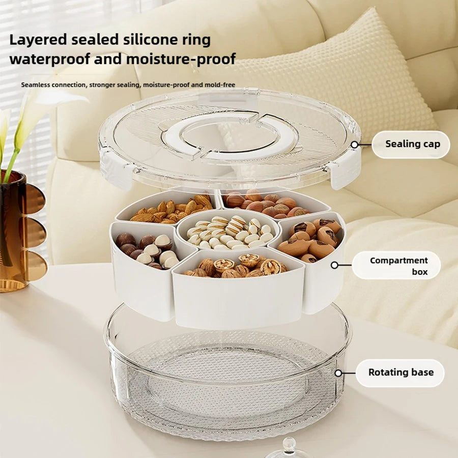 Rotating Snack Serving Tray with Lid & Handle – Divided Snack Spinner Organizer for Fruits, Candy, Nuts & Party Platters