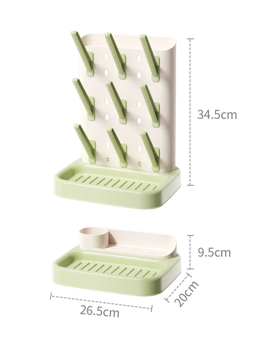 Baby Bottle Drying Rack with Detachable Pegs & Drip Tray – Countertop Bottle Dryer Stand for Baby Feeding Supplies