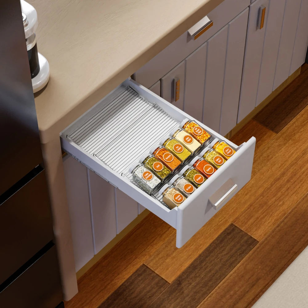 Organizador de cajones para especias extensible de 2 piezas, organizador de cocina de plástico, almacenamiento duradero que ahorra espacio para gabinetes, encimeras