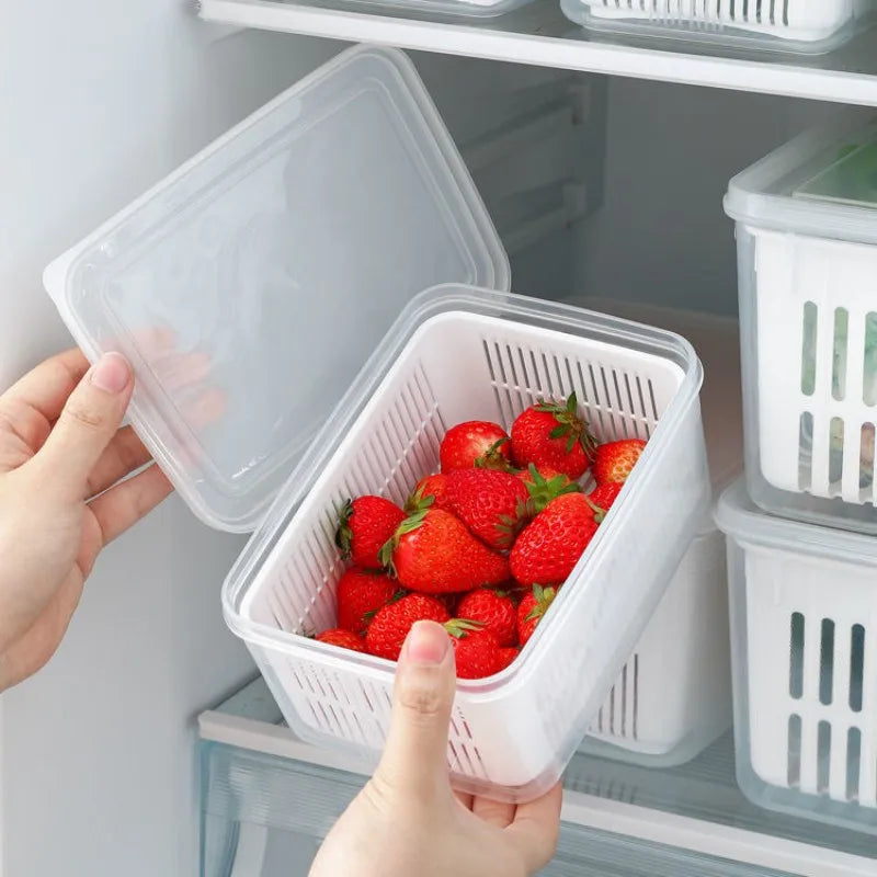 Refrigerator Storage Container with Drain Basket for Fruits & Vegetables