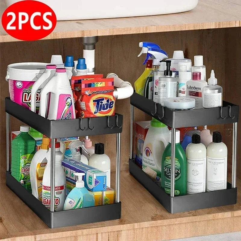 Organizador de almacenamiento para debajo del fregadero de 1/2 pieza, estante multiusos de 2 niveles con cajones para debajo del fregadero, organizador para baño y cocina