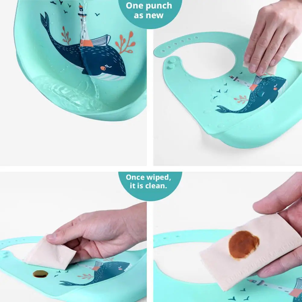 Children Silicone Baby Bib with Large Food Catcher – Waterproof Soft Feeding Bib with Cute Prints for Toddlers 1-3 Years